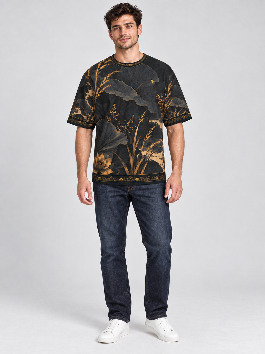 Midnight Lotus oversized cotton T-shirt front with indigo denim — AI-generated model styling illustration