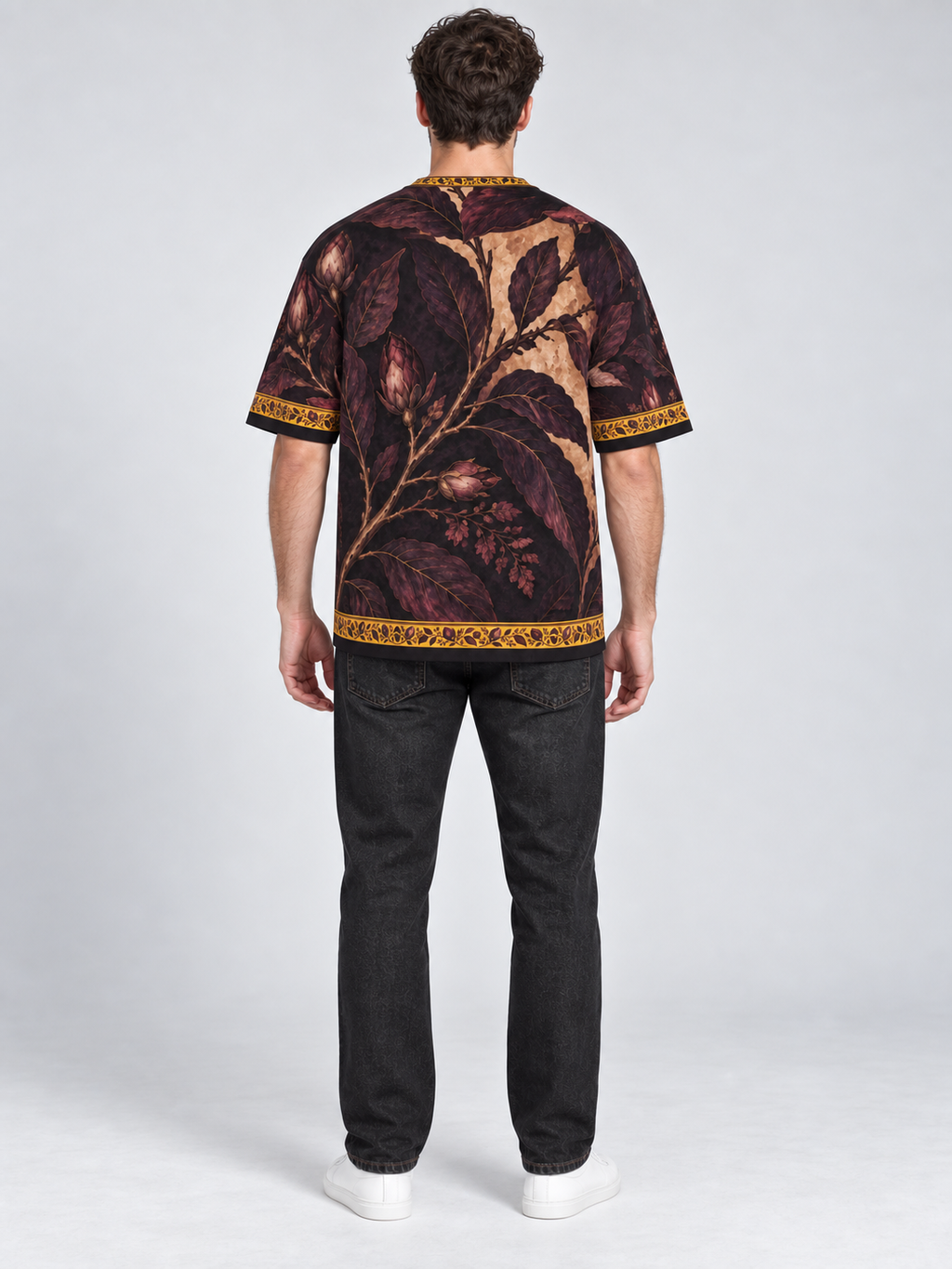 Mulberry Magnolia oversized cotton T-shirt back with washed-black denim — AI-generated model styling illustration