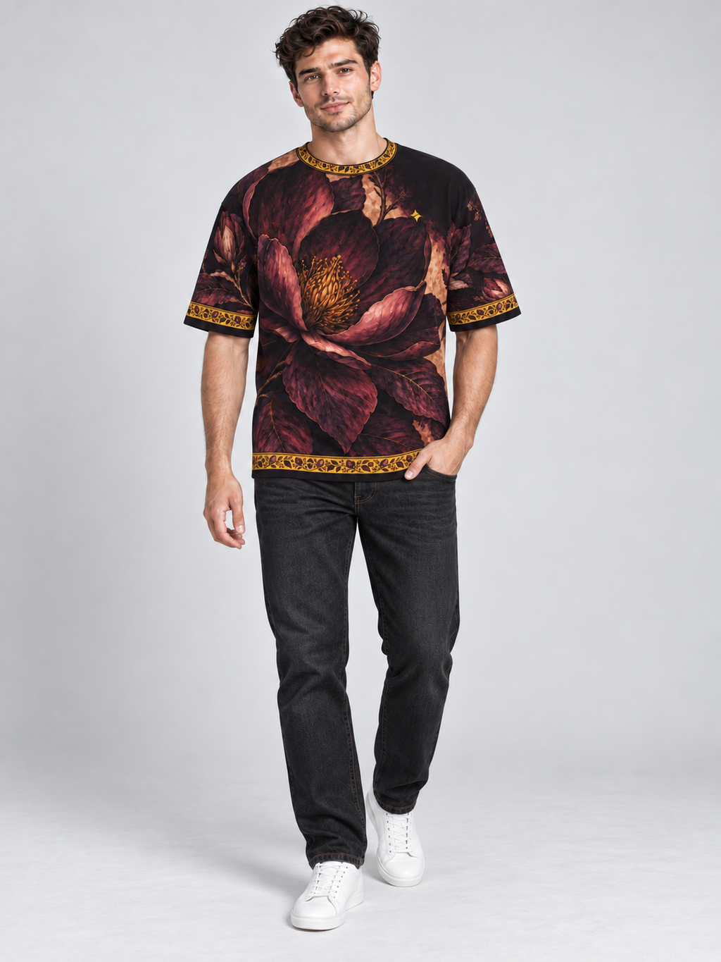 Mulberry Magnolia oversized cotton T-shirt campaign with washed-black denim — AI-generated model styling illustration