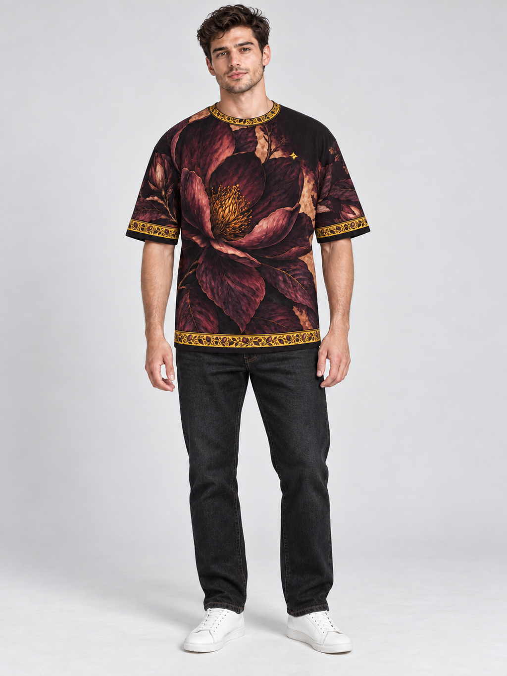 Mulberry Magnolia oversized cotton T-shirt front with washed-black denim — AI-generated model styling illustration