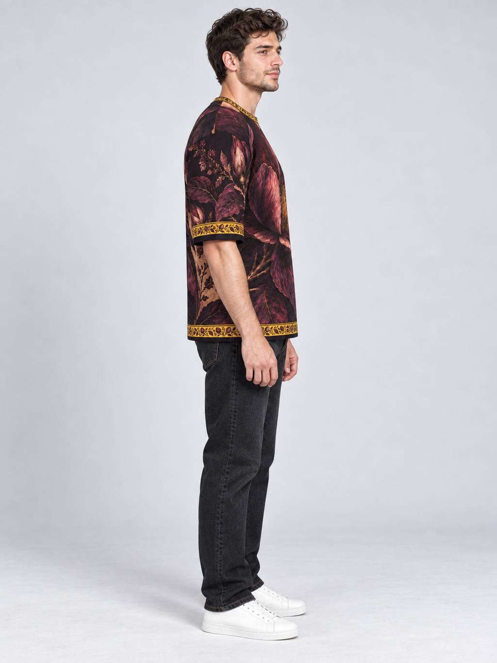 Mulberry Magnolia oversized cotton T-shirt side with washed-black denim — AI-generated model styling illustration