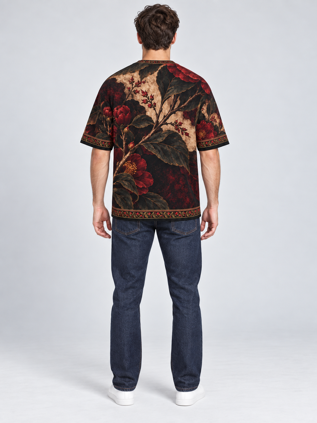 Scarlet Camellia oversized cotton T-shirt back with indigo jeans — AI-generated model styling illustration