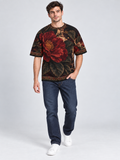 Scarlet Camellia oversized cotton T-shirt campaign with indigo jeans — AI-generated model styling illustration