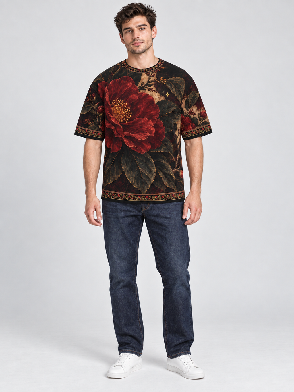 Scarlet Camellia oversized cotton T-shirt front with indigo jeans — AI-generated model styling illustration