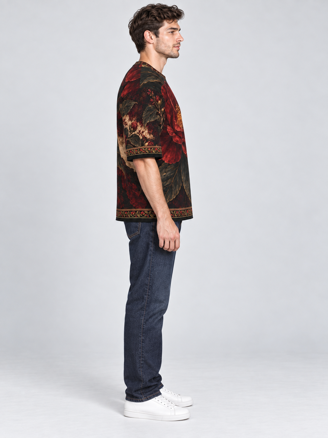 Scarlet Camellia oversized cotton T-shirt side with indigo jeans — AI-generated model styling illustration