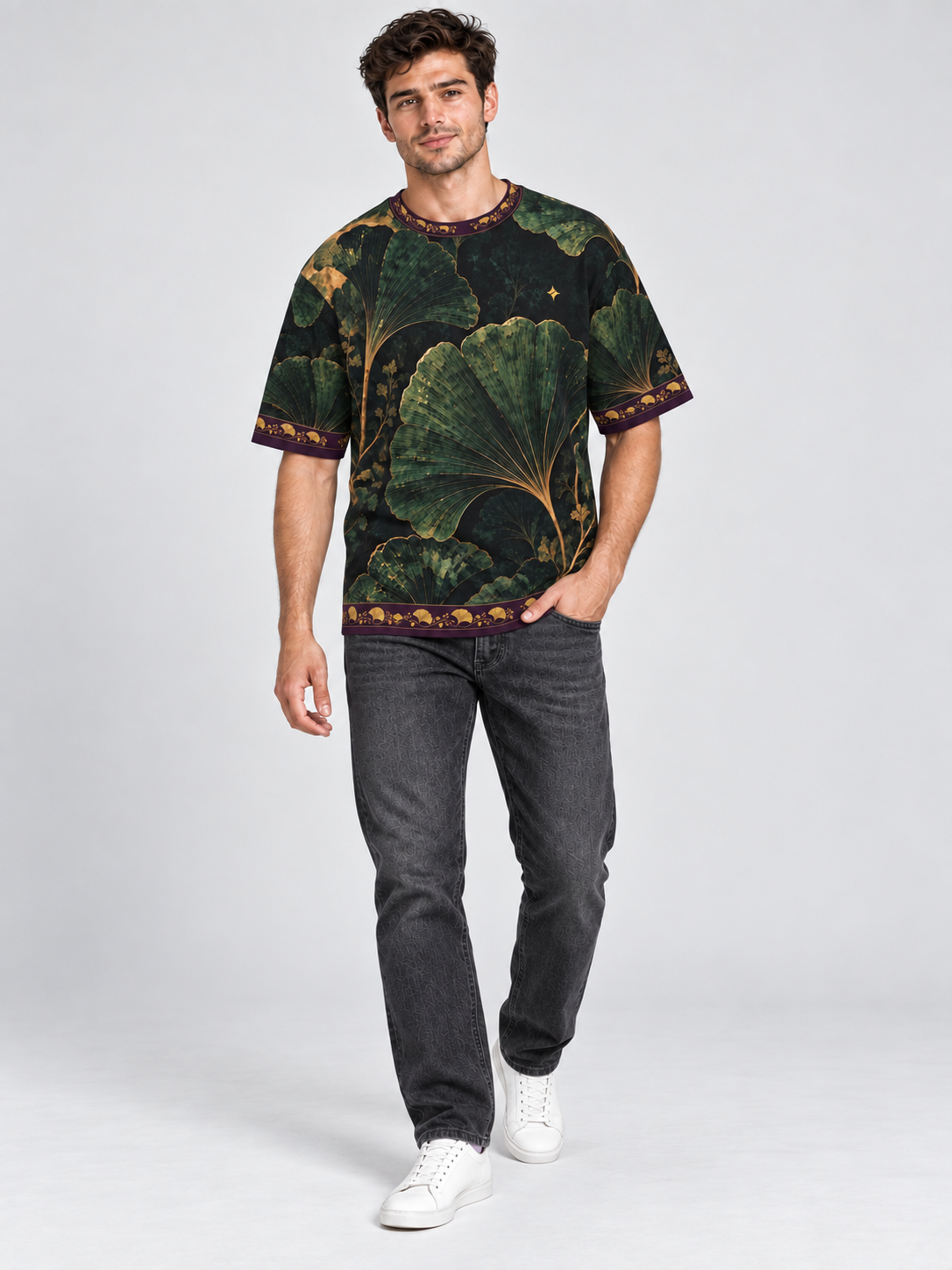 Verdant Ginkgo oversized cotton T-shirt campaign on adult model with washed-black denim — AI-generated styling illustration
