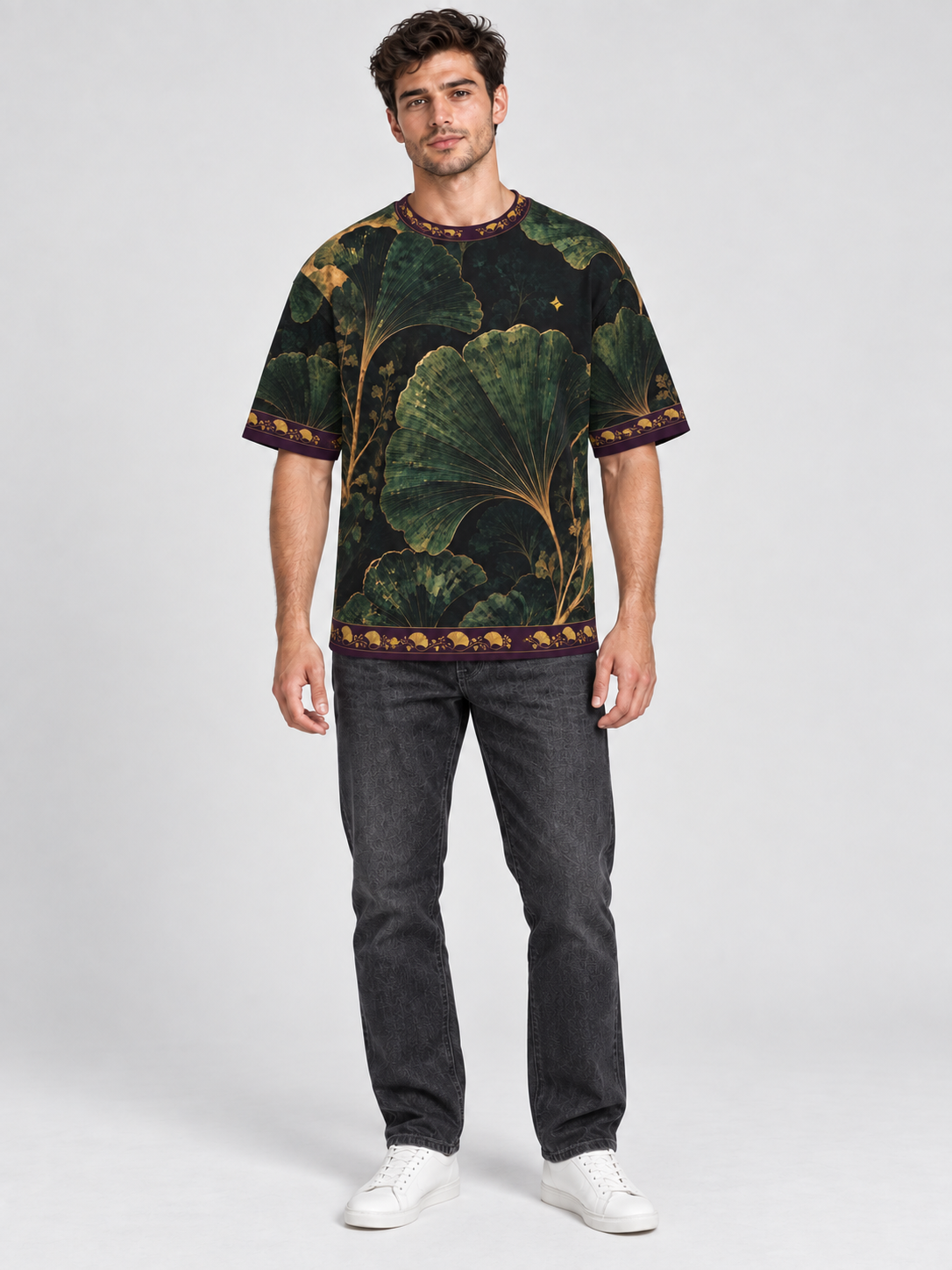 Verdant Ginkgo oversized cotton T-shirt front on adult model with washed-black denim — AI-generated styling illustration