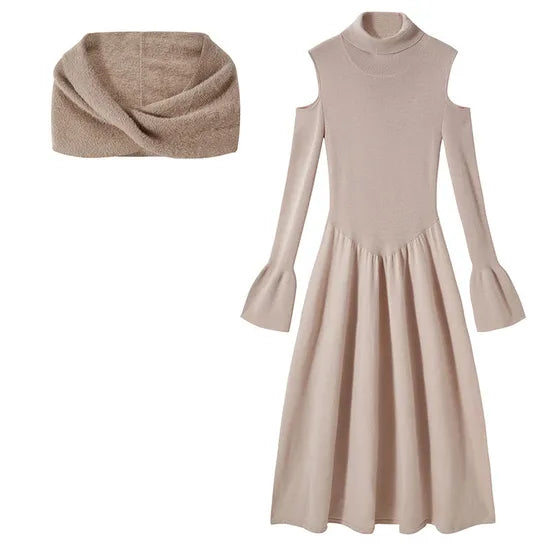 Chic Women's Turtleneck Long Sleeve Knitted Sweater Dress with Detachable Shawl