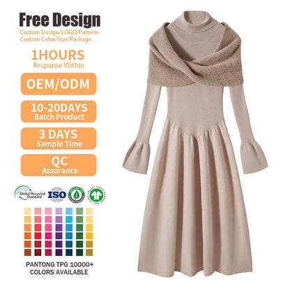 Chic Women's Turtleneck Long Sleeve Knitted Sweater Dress with Detachable Shawl