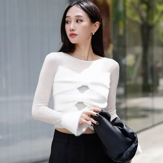 Chic Women's Slim Mohair Blend Knitted Pullover – Fashionable Crew Neck Sweater