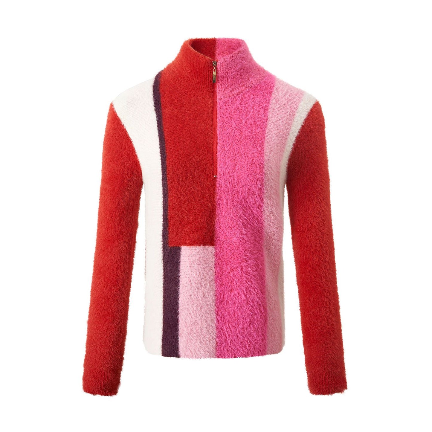 Women's Slim Winter Half-Zip High Neck Pullover Sweater - Casual Color Block Knit Top