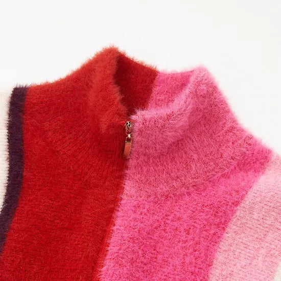 Women's Slim Winter Half-Zip High Neck Pullover Sweater - Casual Color Block Knit Top