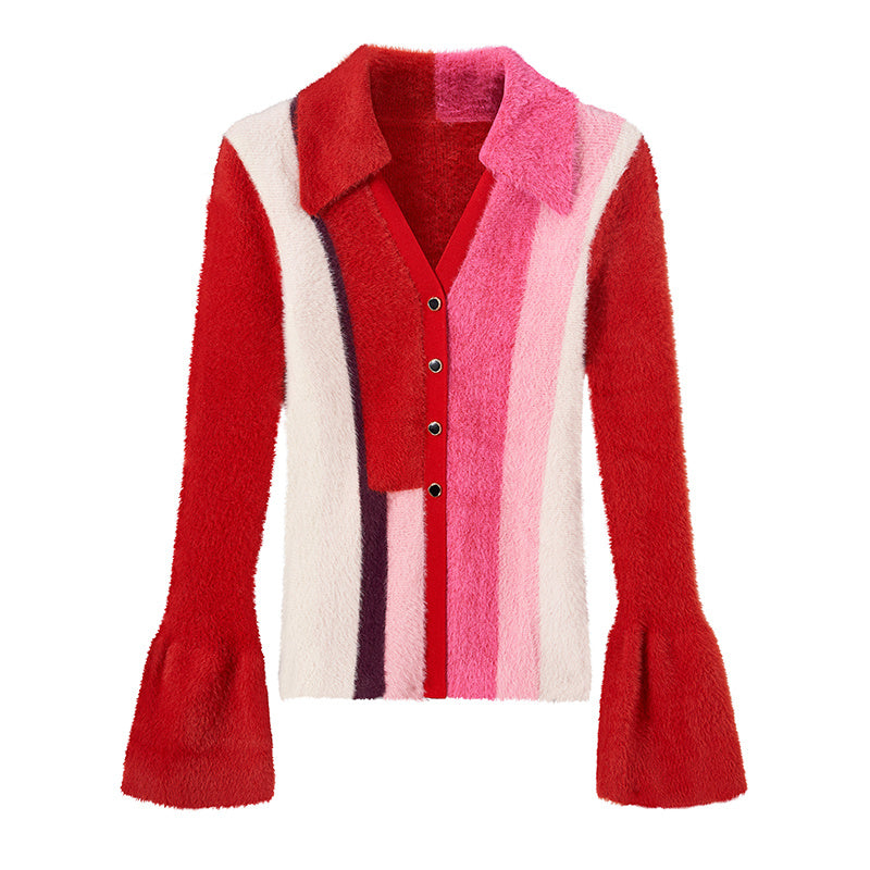 Cozy Colorblock Striped Furry Knit V-Neck Cardigan Sweater for Women Winter