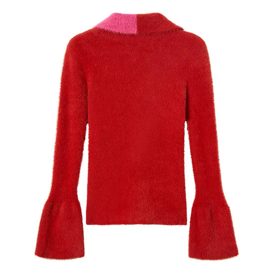 Cozy Colorblock Striped Furry Knit V-Neck Cardigan Sweater for Women Winter