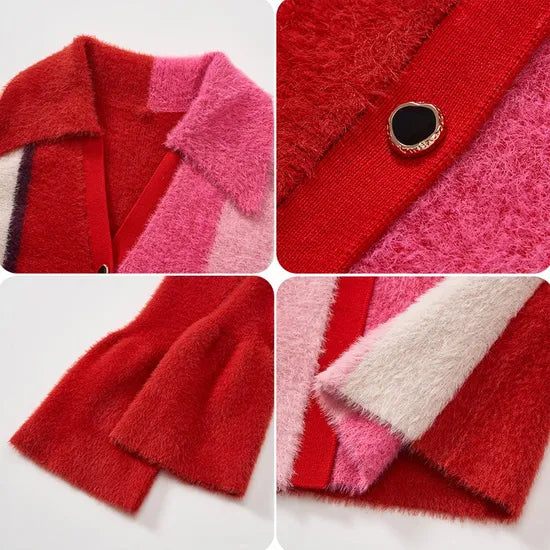 Cozy Colorblock Striped Furry Knit V-Neck Cardigan Sweater for Women Winter