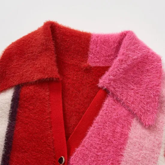 Cozy Colorblock Striped Furry Knit V-Neck Cardigan Sweater for Women Winter