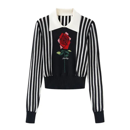 Elegant Floral Cropped Jacquard Knit Pullover Top - Long Sleeve Y2K Style