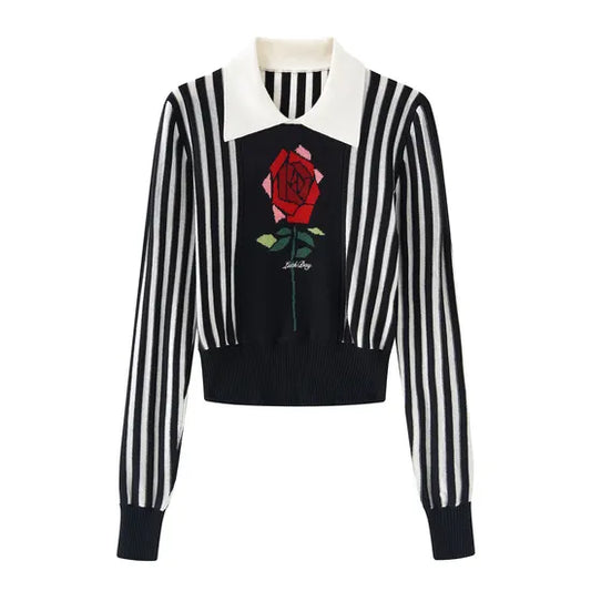 Elegant Floral Cropped Jacquard Knit Pullover Top - Long Sleeve Y2K Style