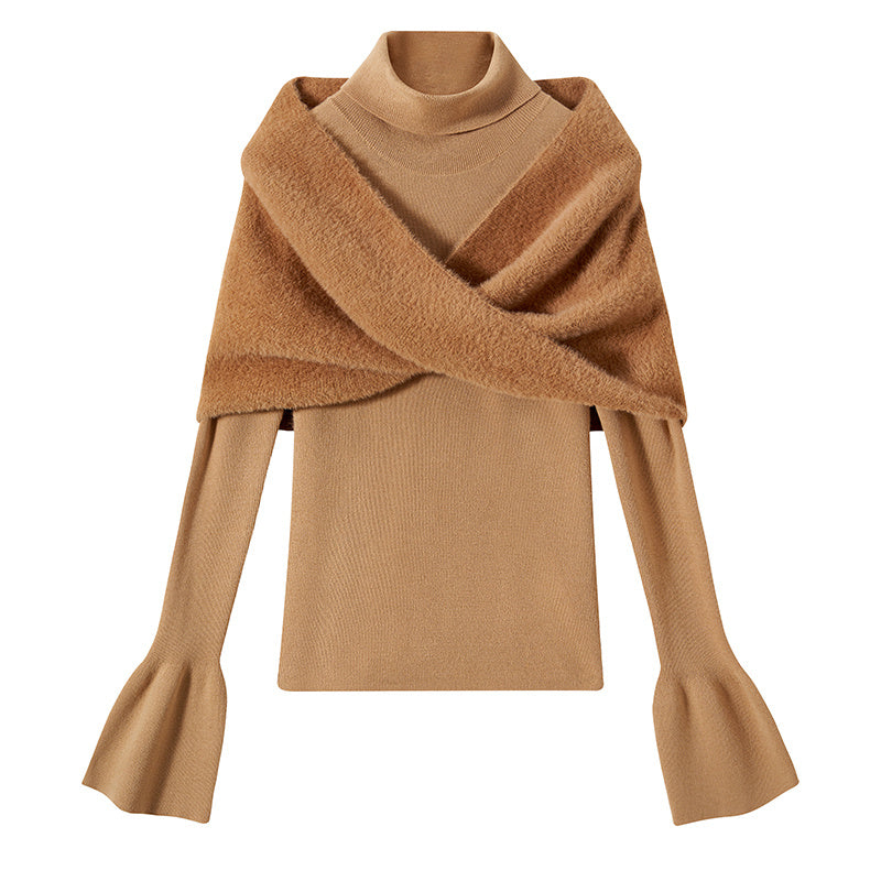 Cozy Wool Cold Shoulder Blouse & Shawl 2-Piece Turtleneck Knit Sweater