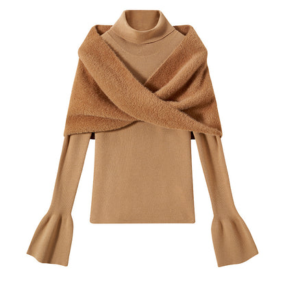 Cozy Wool Cold Shoulder Blouse & Shawl 2-Piece Turtleneck Knit Sweater