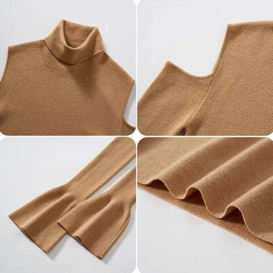 Cozy Wool Cold Shoulder Blouse & Shawl 2-Piece Turtleneck Knit Sweater