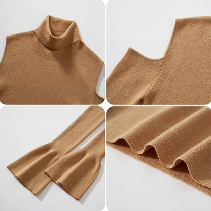 Cozy Wool Cold Shoulder Blouse & Shawl 2-Piece Turtleneck Knit Sweater