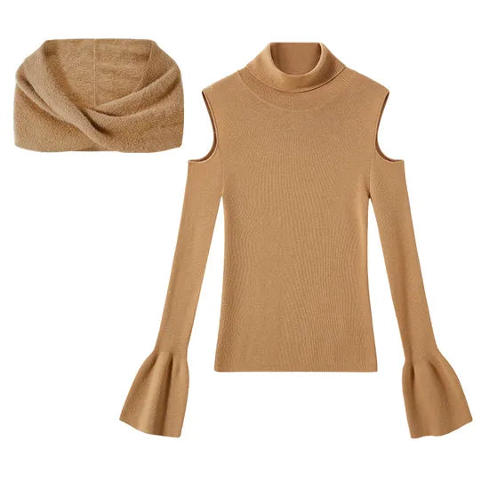 Cozy Wool Cold Shoulder Blouse & Shawl 2-Piece Turtleneck Knit Sweater
