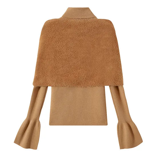 Cozy Wool Cold Shoulder Blouse & Shawl 2-Piece Turtleneck Knit Sweater