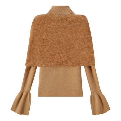 Cozy Wool Cold Shoulder Blouse & Shawl 2-Piece Turtleneck Knit Sweater