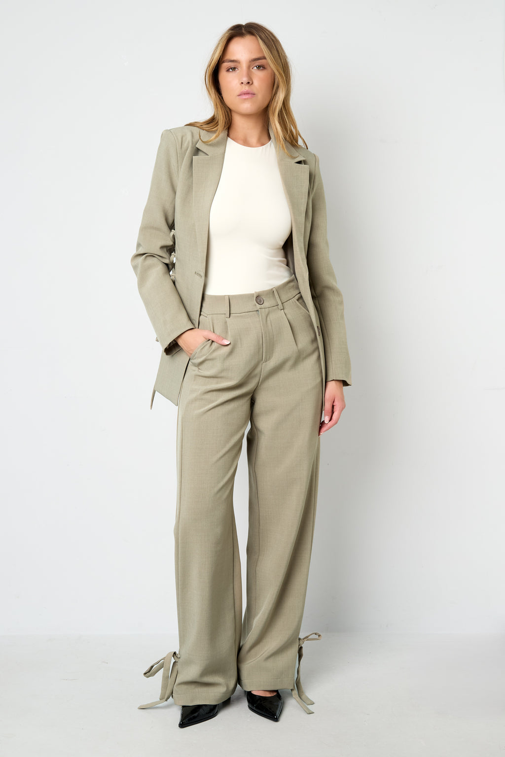 Woven Polyester Fiber Women's Straight Pants Casual Tie-up