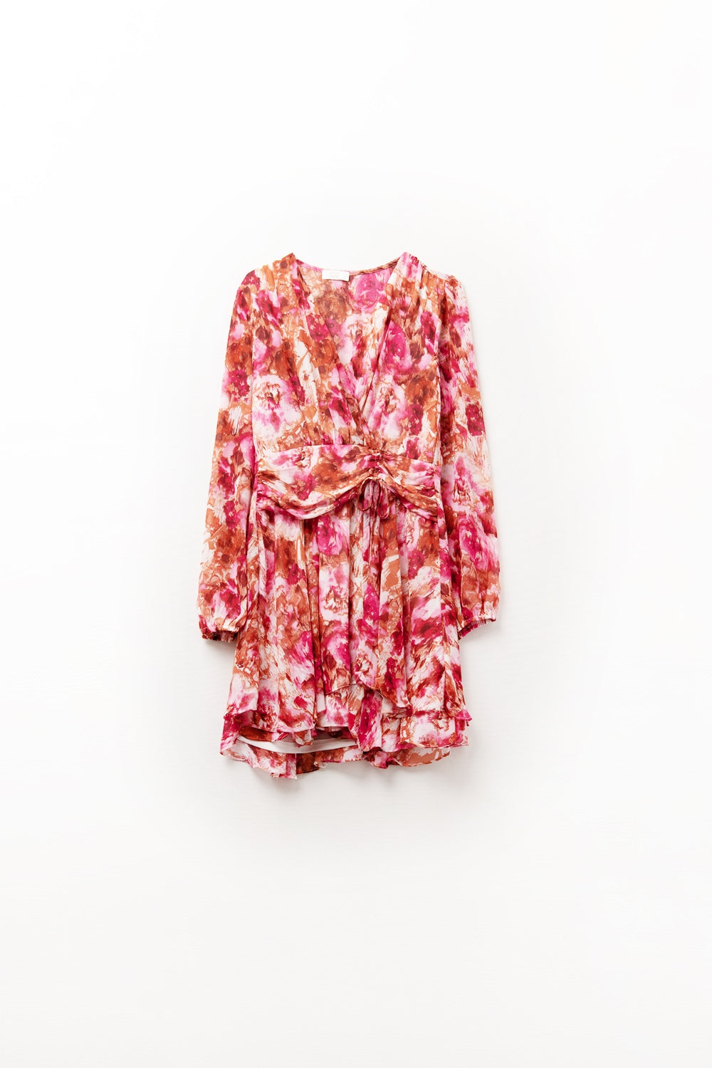 Abstract Print Mini V Neck Dress With Rouche at Waist