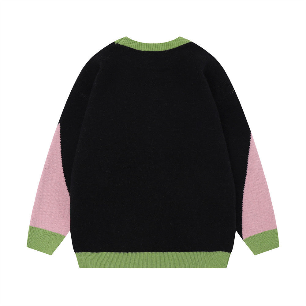 UNIKCOSA Contrast Jacquard Knit Sweater – Blue & Green Street Style Winter Essential