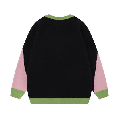 UNIKCOSA Contrast Jacquard Knit Sweater – Blue & Green Street Style Winter Essential