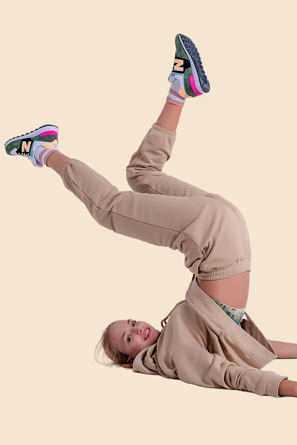 Adjustable waistband joggers in beige