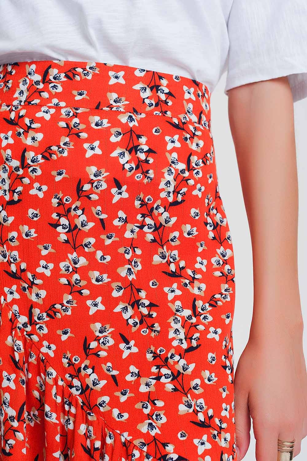 Asymmetric Wrap Printed Red Skirt