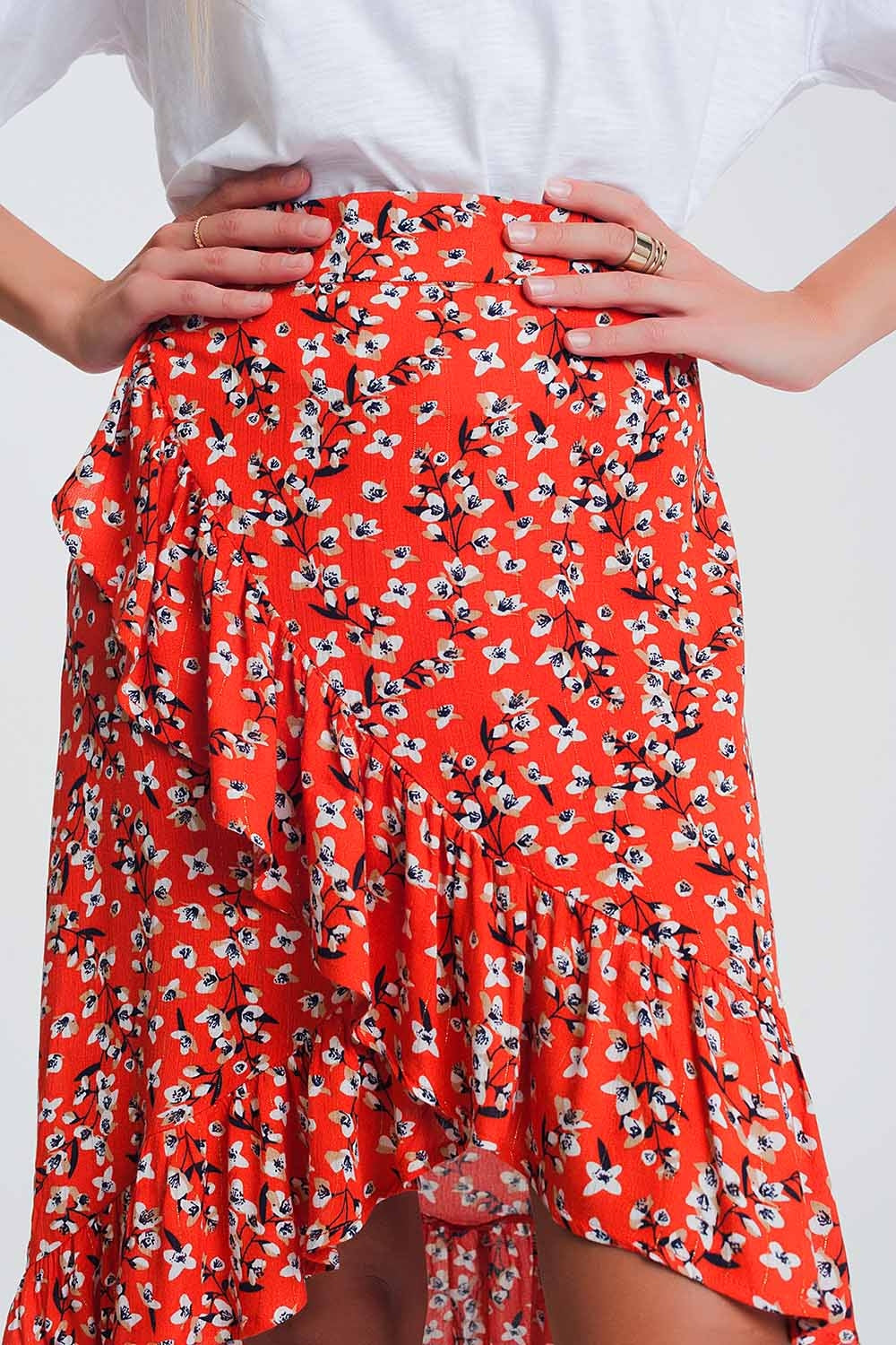 Asymmetric Wrap Printed Red Skirt