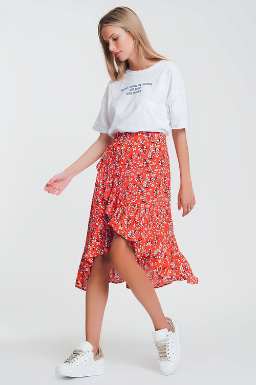 Asymmetric Wrap Printed Red Skirt