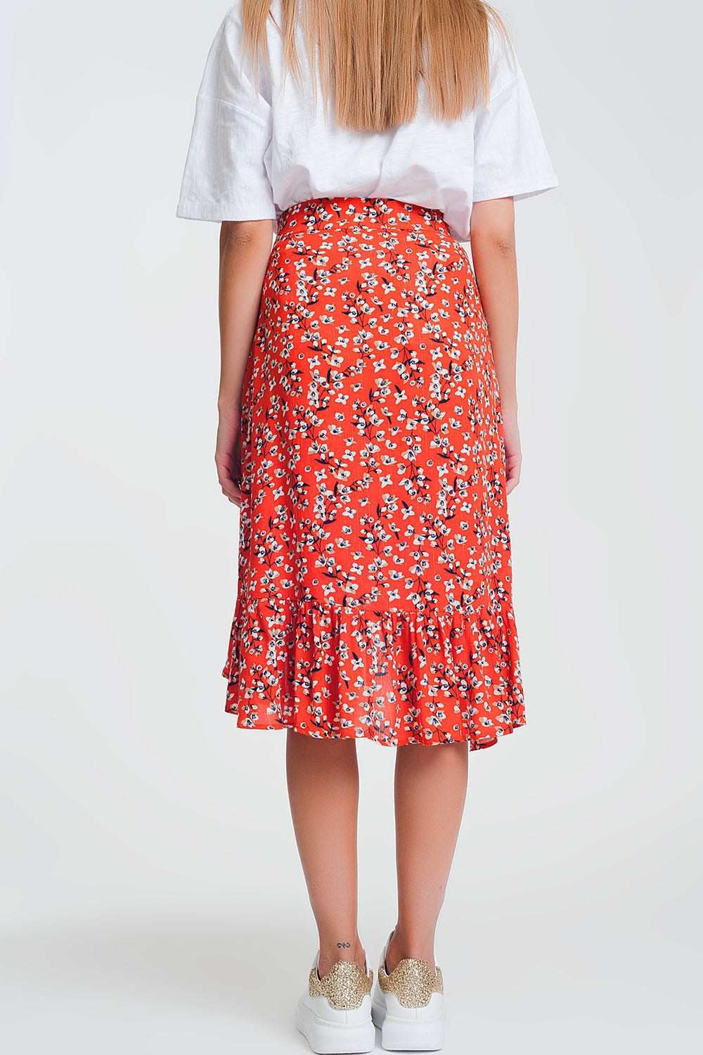 Asymmetric Wrap Printed Red Skirt