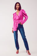 Q2 Asymmetric puff sleeve blouse in fuchsia