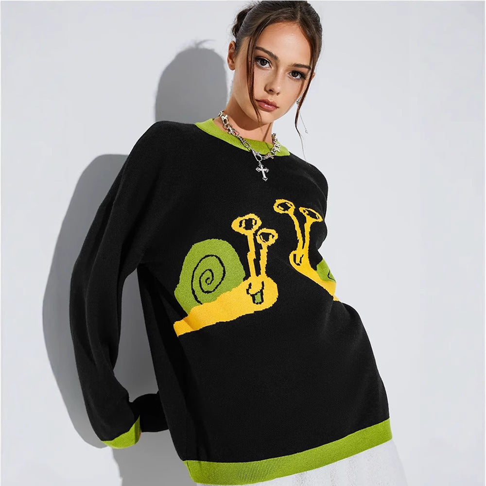 UNIKCOSA UrbanSoul Cartoon Jacquard Street Sweater Green 💫