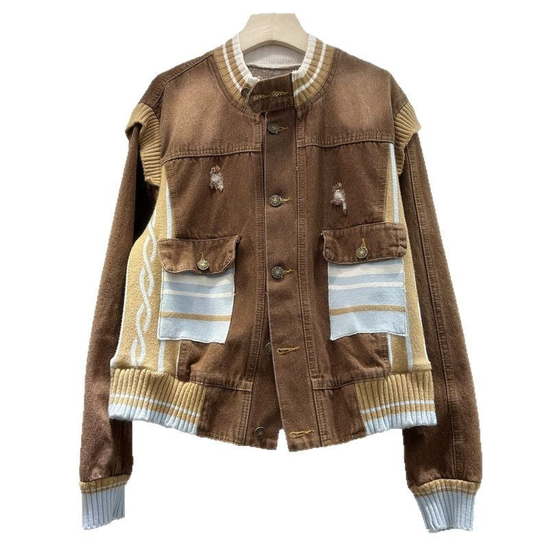 Unikcosa Women's Stand Collar Contrast Stitching Loose-Fit Denim Jacket