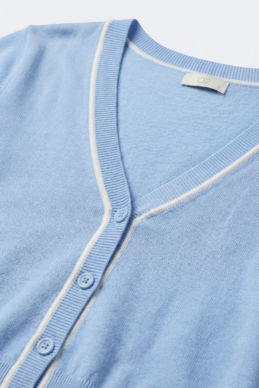 Baby blue Fine Knit Cardigan with Contrast Trim in white