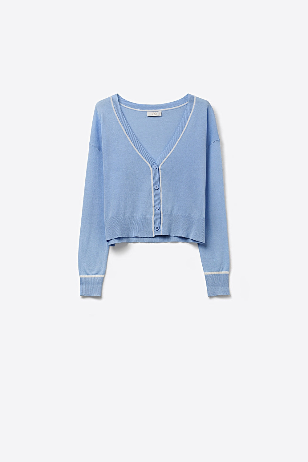 Q2 Baby blue Fine Knit Cardigan with Contrast Trim in white