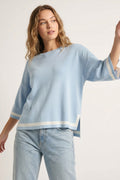 baby blue Fine Knit sweater with Contrast Stripe in white Detail and 3/4 Sleeves