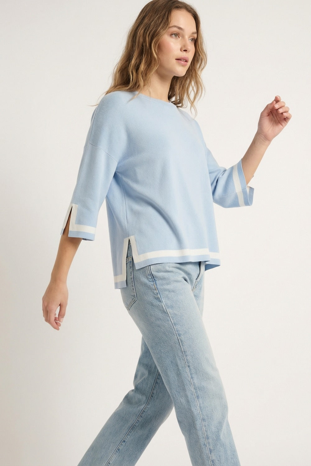 baby blue Fine Knit sweater with Contrast Stripe in white Detail and 3/4 Sleeves