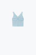 Q2 Baby Blue Ribbed Knit Top with Scalloped V-Neck