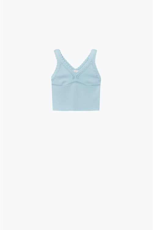 Q2 Baby Blue Ribbed Knit Top with Scalloped V-Neck