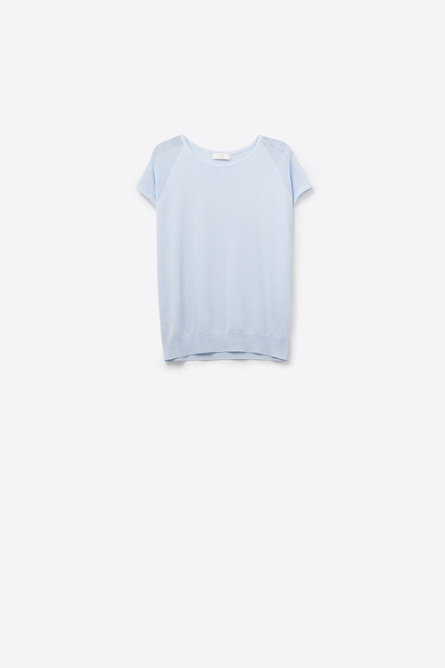 Q2 baby Blue Short Sleeve Sweater with knitted mesh on the shoulder
