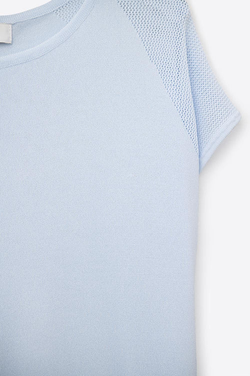 baby Blue Short Sleeve Sweater with knitted mesh on the shoulder