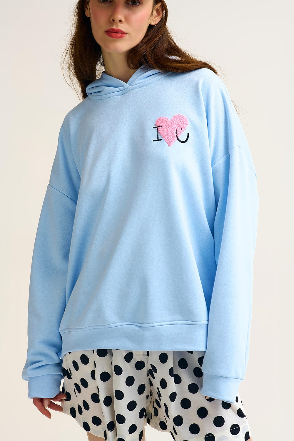 Q2 Baby Blue Super-Soft Hoodie with Bouclé Heart Graphic